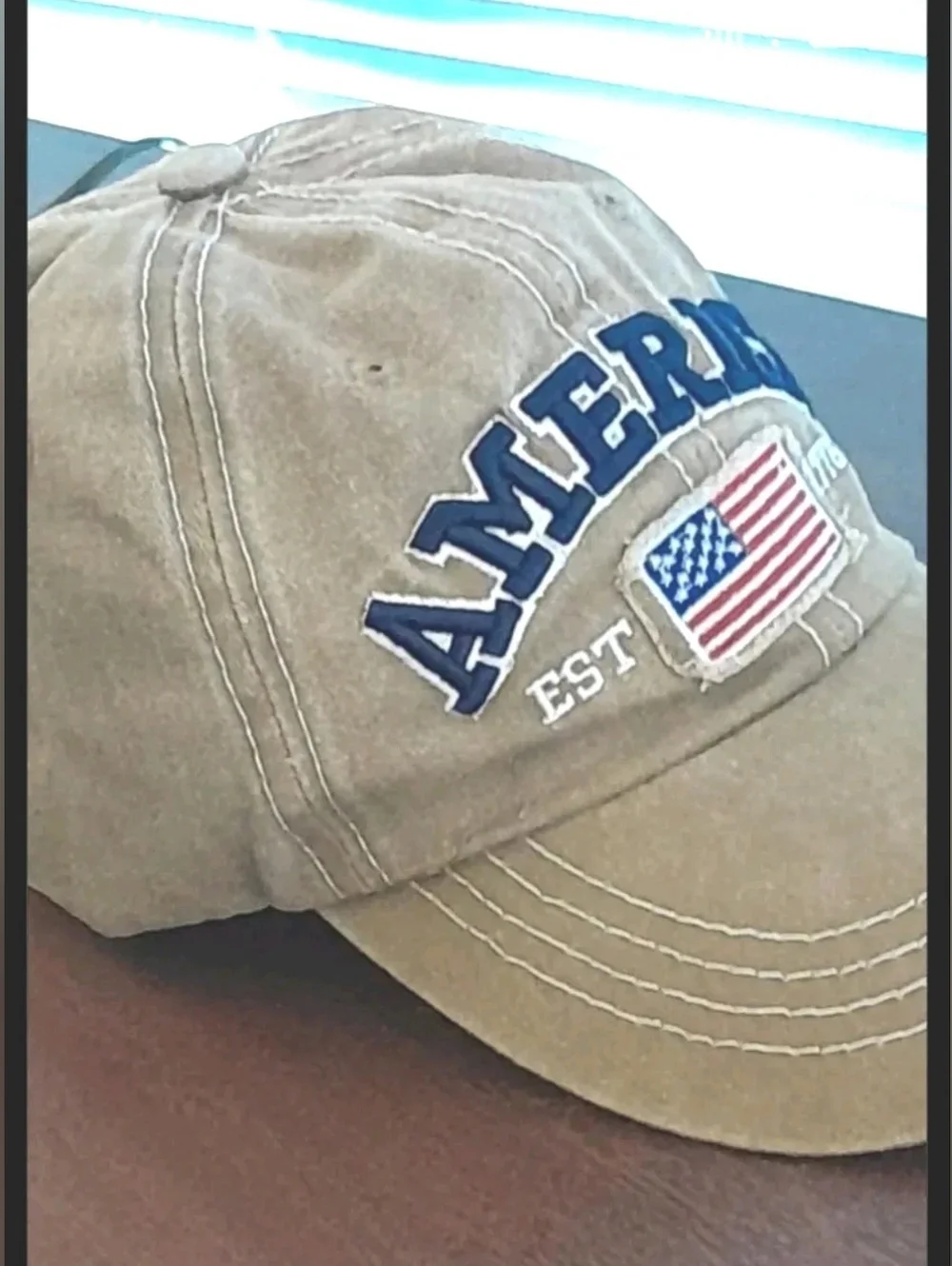 Khaki Baseball Cap with 'AMERICA' & Flag Embroidery